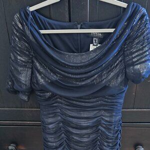 NWT Adrianna Papell Evening Wear Women's Navy Dress S4 Short Sleeve Cowl Neck